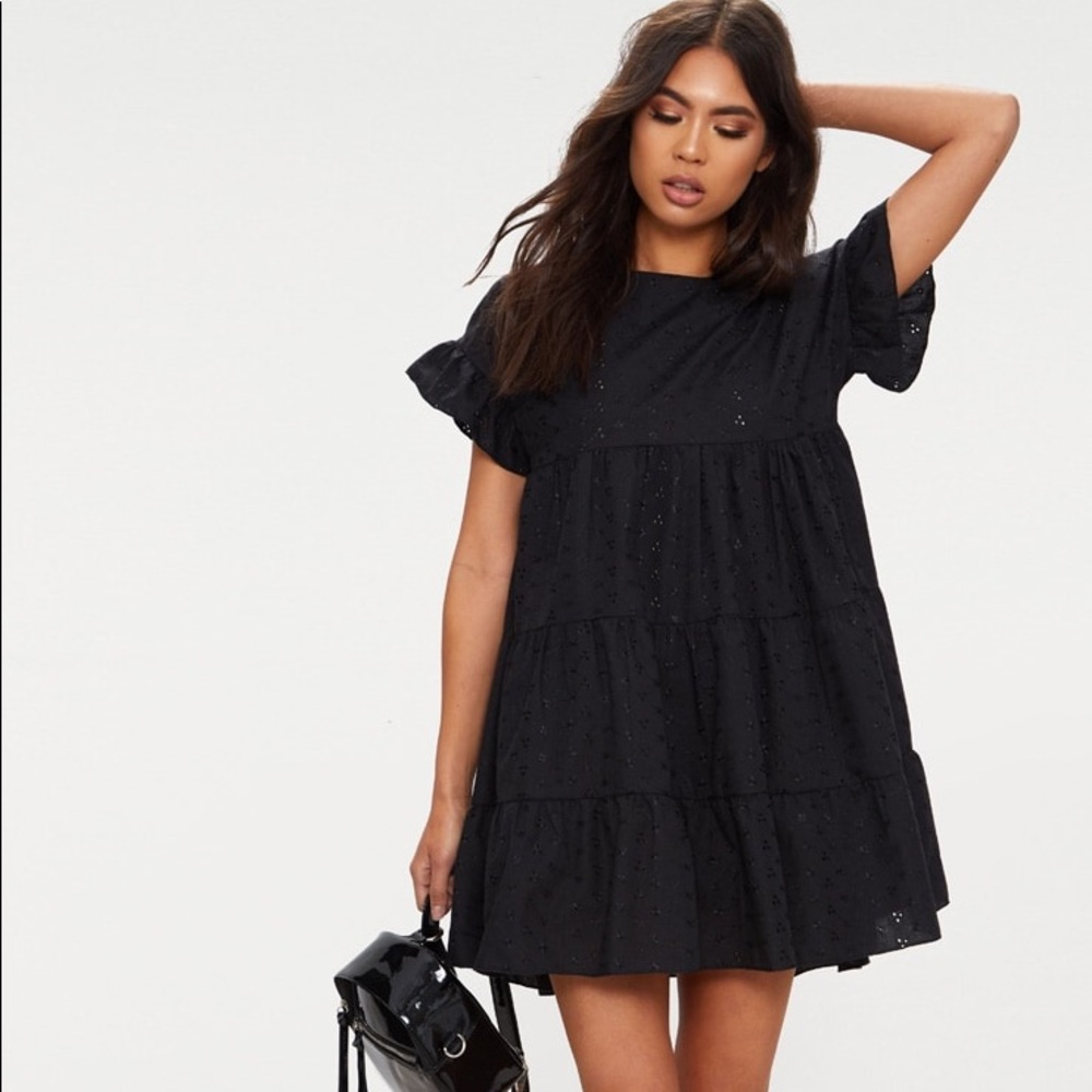 PLT Women’s Black Broderie Anglaise Smock Dress Size 2 Floral Tiered Puff